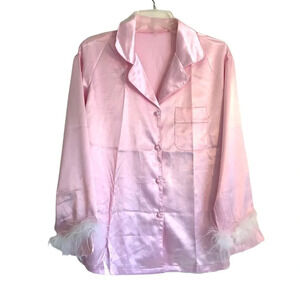 Barbiecore Pajama Top Sz L Pink Feathers Halloween Satin Coquette